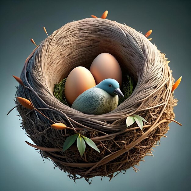 A cozy nest woven with intricate detail cradles two eggs and a small blue bird