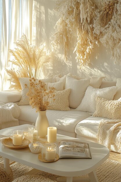 Photo a cozy neutraltoned living room with decorative elements and soft lighting