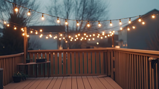 Cozy night on the outdoor deck with warm string lights illuminating the plants and creating an inviting backyard atmosphere