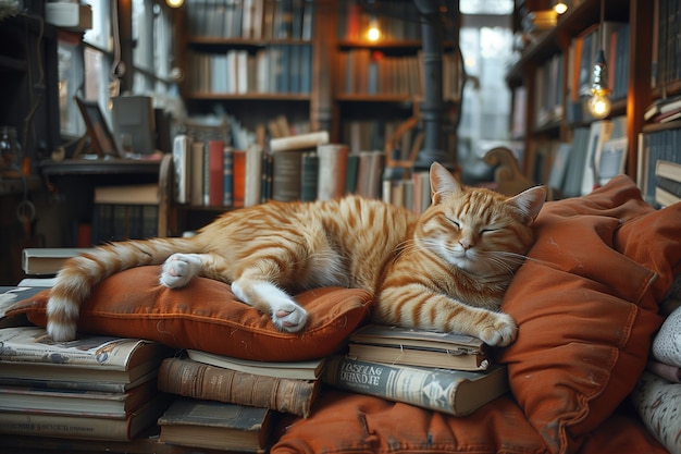 Cozy Nook with Stacks of Novels Warm Lighting and a Contented Cat Napping