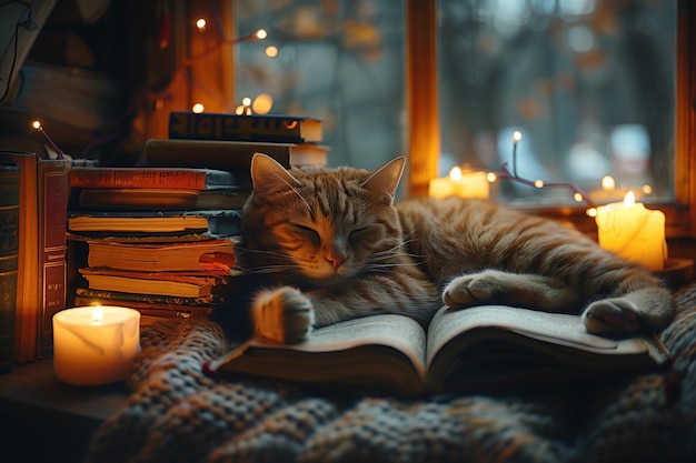 Cozy Nook with Stacks of Novels Warm Lighting and a Contented Cat Napping