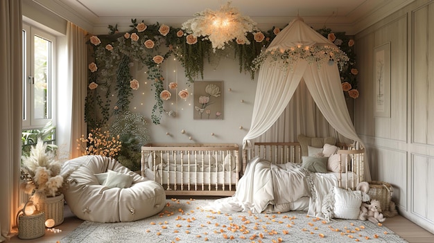 Cozy Nursery Decor with Floral Canopy