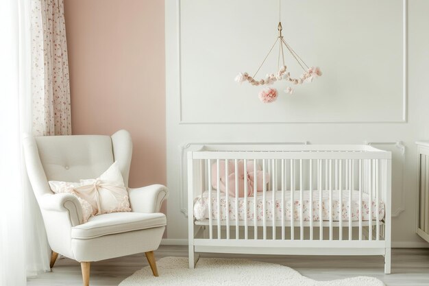 Photo a cozy nursery featuring a crib and a comfortable chair designed for a child39s comfort