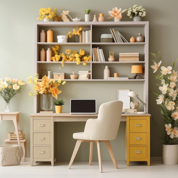 Cozy office desk interior shelving unit and spring flowers near bright wall