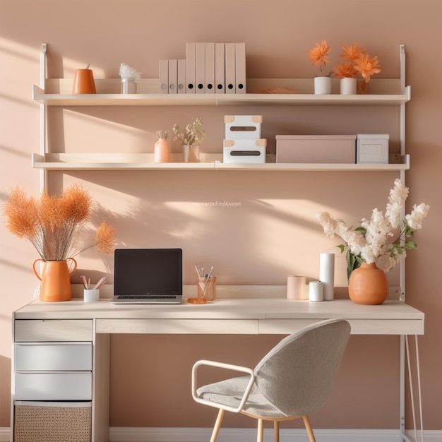 Cozy office desk interior shelving unit and spring flowers near bright wall