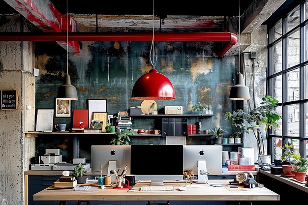 Cozy office with industrial decor and multiple workstations fostering creativity and a dynamic pro