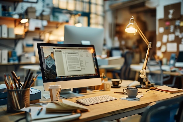 Cozy office with wooden desk and multiple computer screens emphasizing productivity and a dynamic