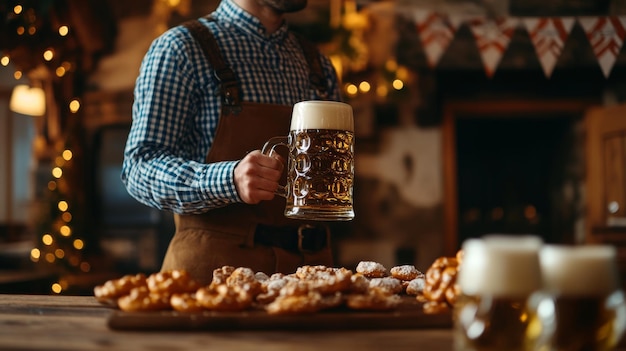 Photo a cozy oktoberfest setting with a man in traditional bavarian clothing holding a beer stein while