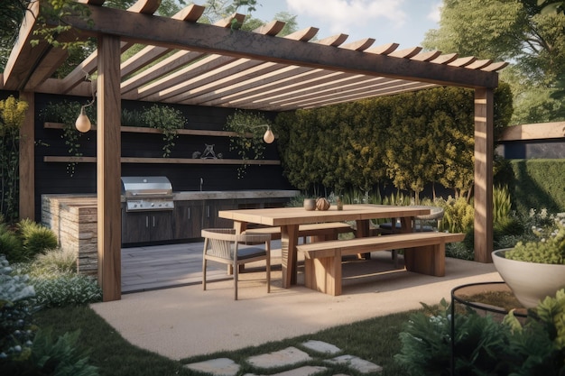 Cozy outdoor dining area with a wooden table and a pergola overhead Generative AI