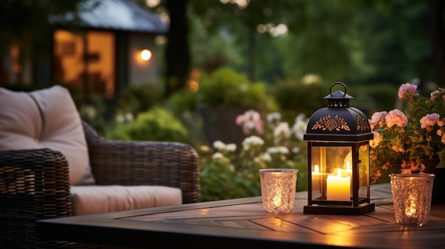 Cozy Outdoor living Living corner in the garden outside the house Summer evening on the patio or terrace