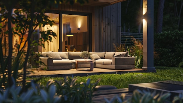 Cozy outdoor living space with modern sofa set in a serene evening setting