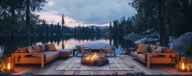 Photo cozy outdoor lounge area by a tranquil lake at dusk with fire pit and comfortable seating