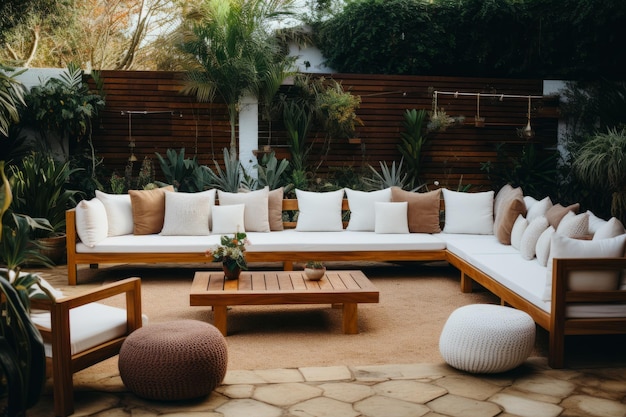 Photo cozy outdoor lounge area with wooden seating and cushions in a lush garden during a sunny afternoon