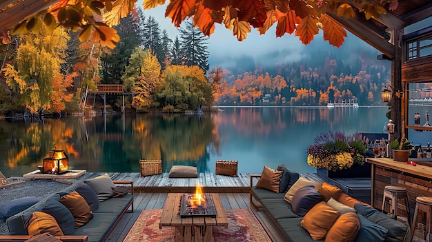 Photo cozy outdoor lounge with firepit overlooking autumn forest and serene lake