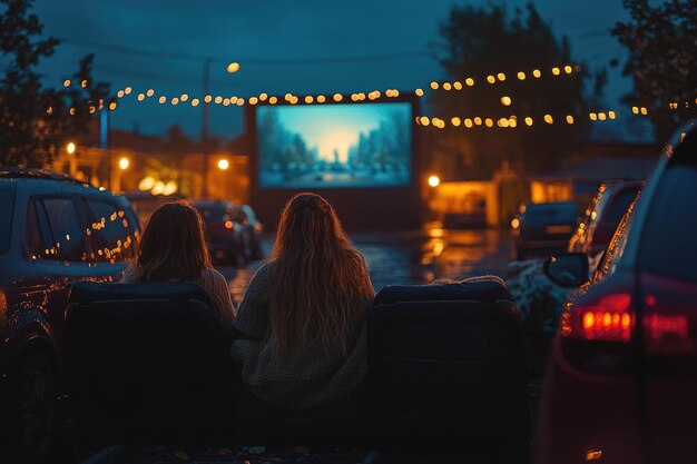 Photo cozy outdoor movie night with string lights and comfortable seating for a warm inviting atmospher