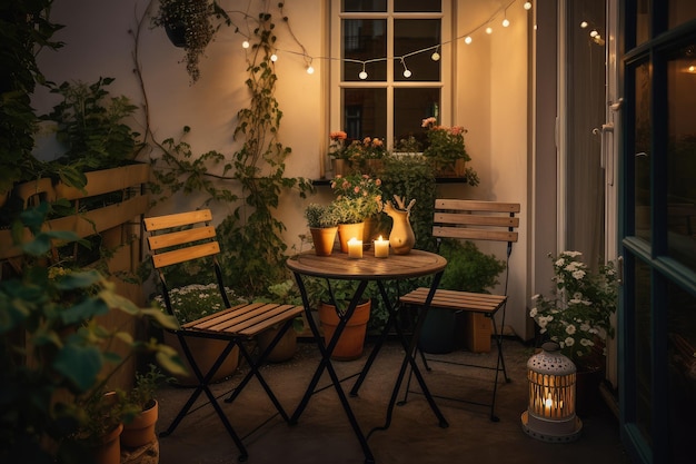 Cozy outdoor patio with bistro table and chairs lanterns and potted plants