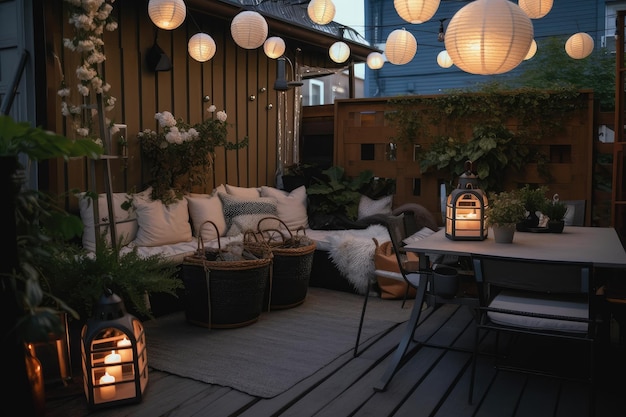 Cozy outdoor patio with small garden and hanging lanterns