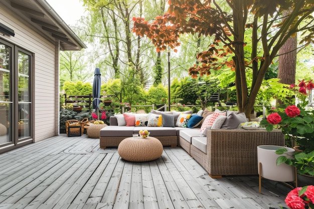 Photo cozy outdoor seating area on a wooden deck adorned with colorful cushions plants and shaded by a large tree