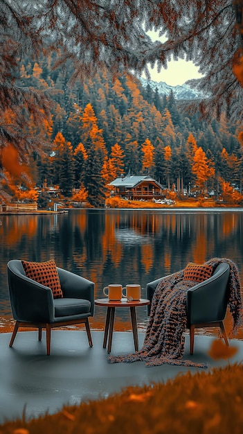 Photo cozy outdoor table by autumn lake with orange and brown leaves inviting relaxation