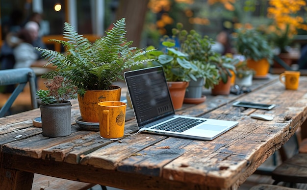 Cozy outdoor workspace with an open laptop on a rustic wooden table surrounded by potted plants