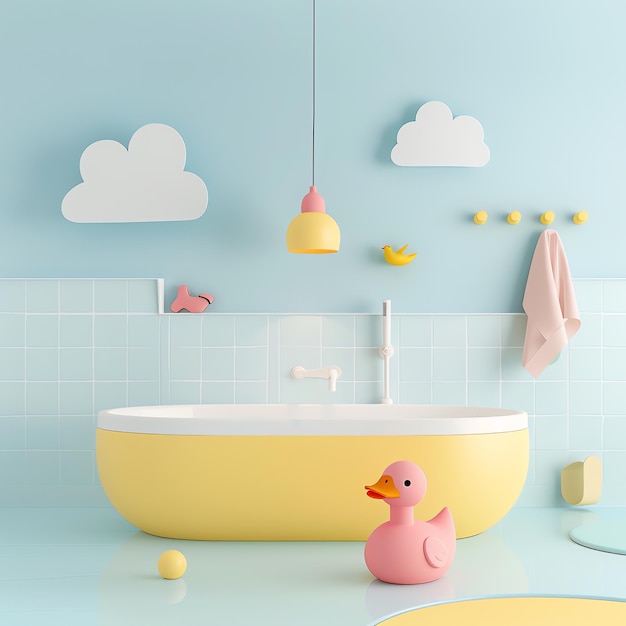 Cozy Pastel Bathroom with cute duck toy in paper cut style