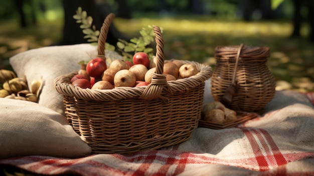 A cozy picnic area with roasted chestnuts and apples in a woven basket