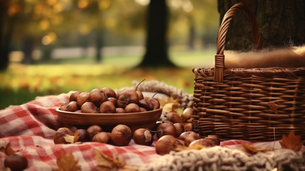 A cozy picnic area with roasted chestnuts and apples in a woven basket