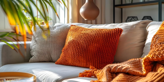 A Cozy Pillow Sofa in a Contemporary Living Room A Closeup View Concept Cozy Home Decor Interior Design Living Room Inspiration Contemporary Style Closeup Photography