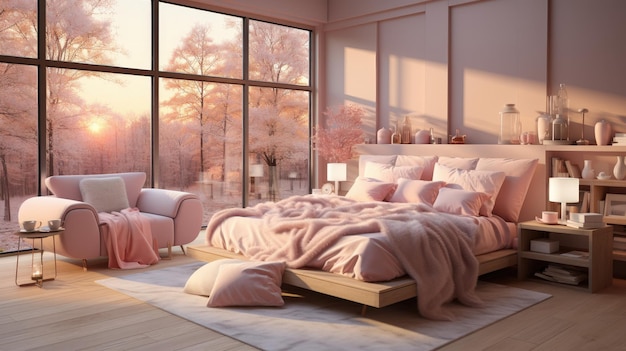 Cozy Pink Bedroom Interior with a View