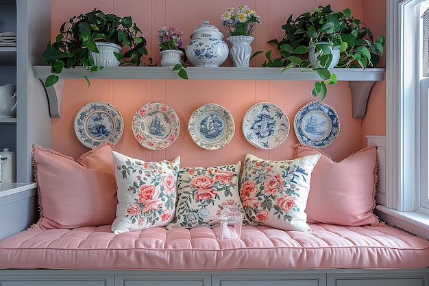 Photo cozy pink bench with floral pillows and decorative plates