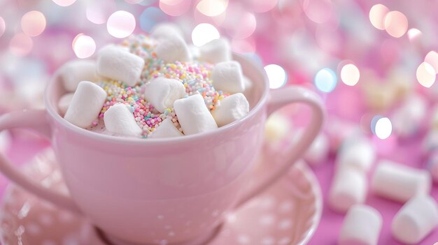 Photo cozy pink cup of hot chocolate with marshmallows perfect for relaxing days sweet beverage concept festive mood enhancer ideal for winter comfort ai