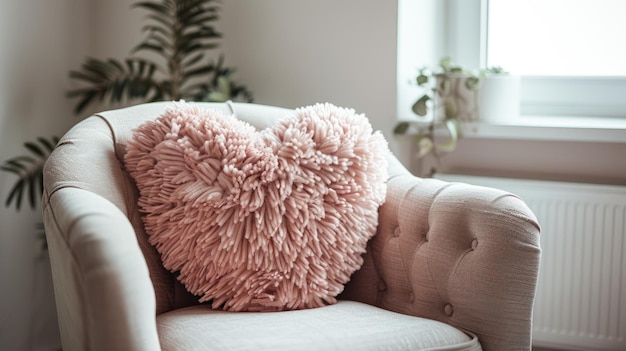 Photo cozy pink heartshaped pillow on beige armchair near window surrounded by houseplants