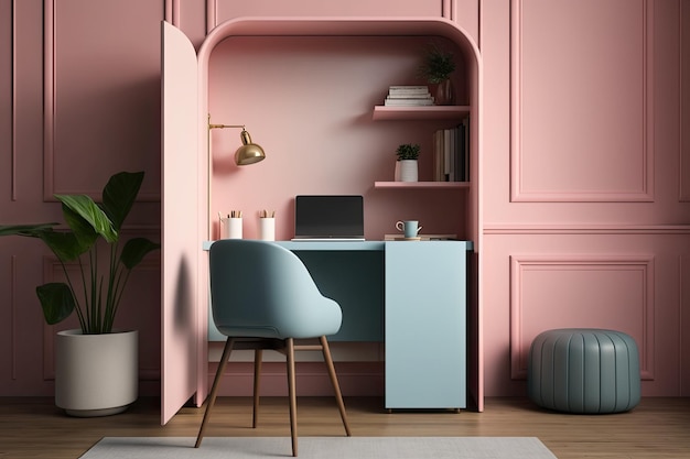 Cozy pink workspace with a desk and chair Generative AI