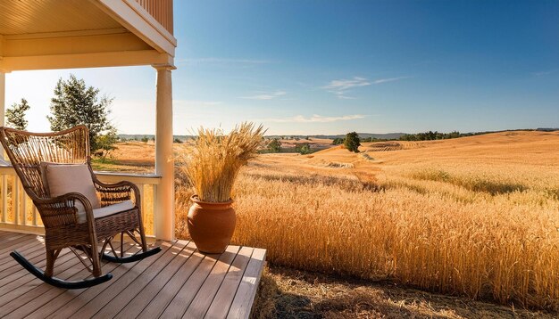 Photo cozy porch from rustic farmhouse with stunning views of the countryside