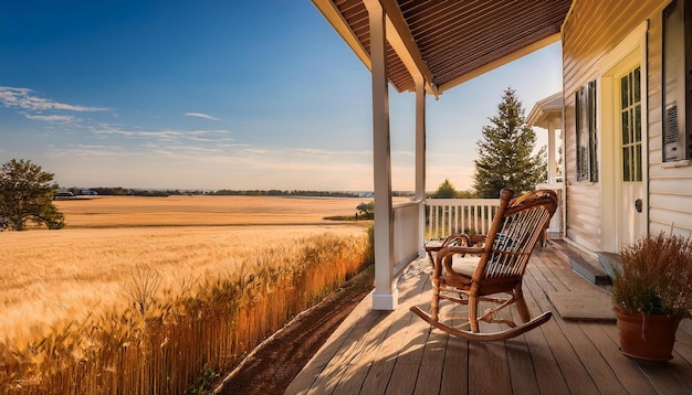 Photo cozy porch from rustic farmhouse with stunning views of the countryside