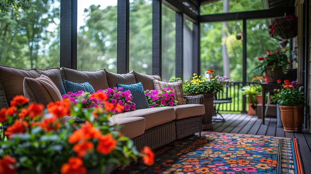 Photo cozy porch with vibrant flowers