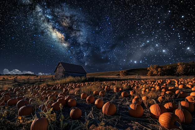 Photo a cozy pumpkin patch illuminated by a starry sky with the milky way a cozy pumpkin patch under a starry night sky