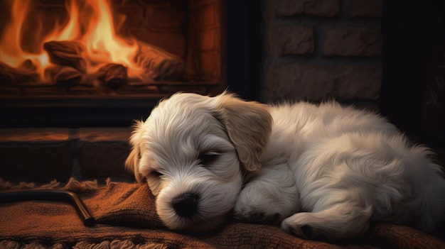 Cozy puppy napping by fireplace