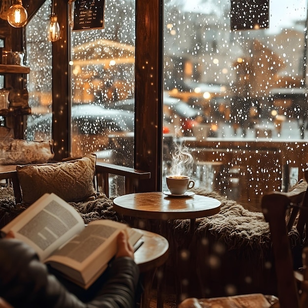 Photo cozy rainy day reads modern living room with wooden furniture