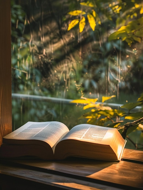 Photo cozy reading by rainy window with sunlight and nature