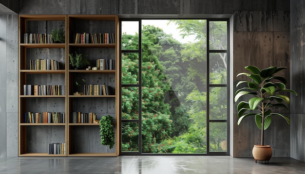 Cozy reading corner by the window with natural view in d render featuring concrete wall adorned with