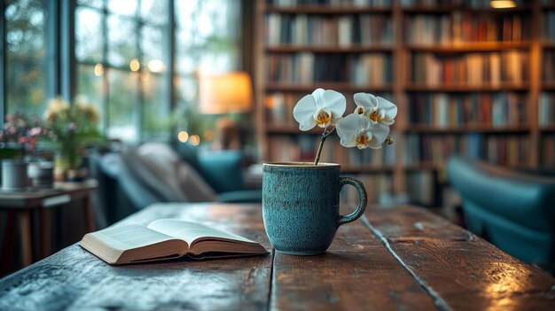 Photo cozy reading corner with orchid and coffee cup generative ai