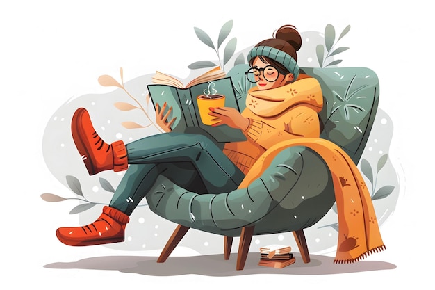 Cozy Reading Moment Woman Relaxing with a Book and Hot Drink