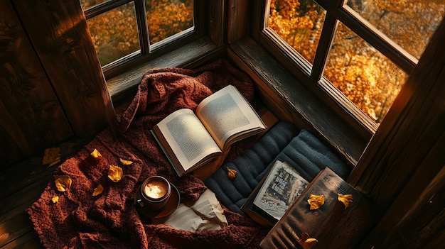 Photo cozy reading nook books blanket and a warm drink 2