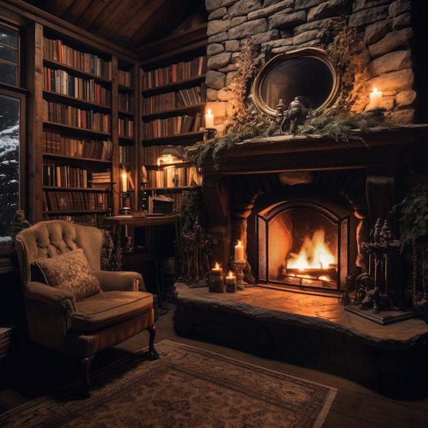 Cozy Reading Nook by Fireplace