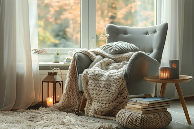 Cozy Reading Nook by the Window with Air Freshener Comfy Chair and Soft Lighting for Relaxation