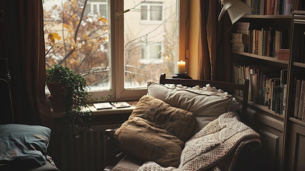 Photo cozy reading nook by the window with soft lighting books and candles for a relaxing atmosphere