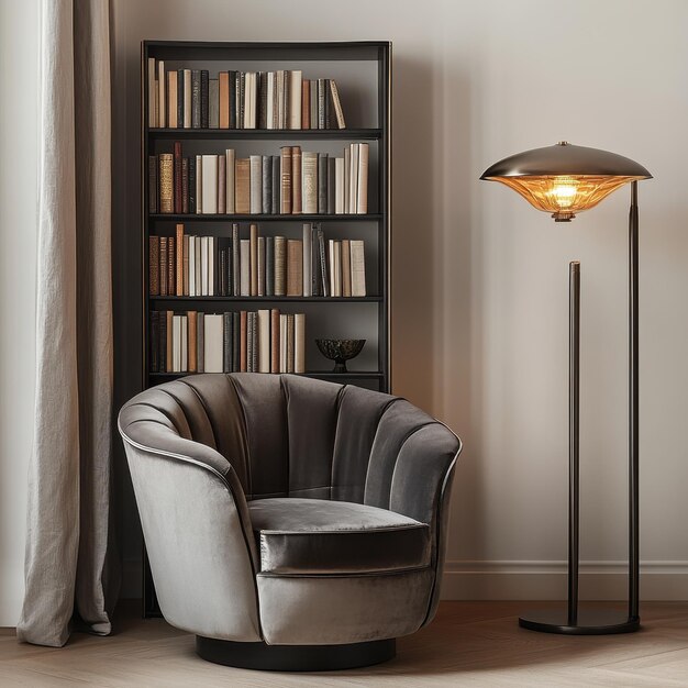 Photo a cozy reading nook featuring a plush chair bookshelf and stylish lamp