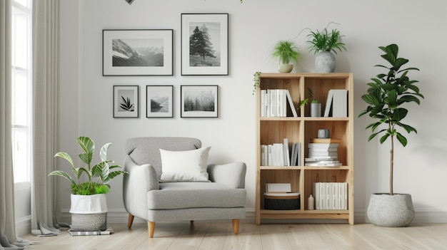 A cozy reading nook is nestled in the corner of the room with a comfortable gray armchair and a