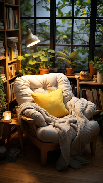 Photo cozy reading nook a warm and inviting reading nook with a comfortable chair soft lighting and shelves filled with books creating a cozy and serene atmosphere